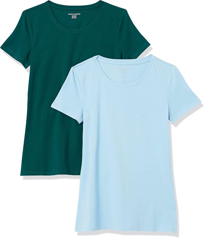 Photo 1 of Amazon Essentials Women's Classic-Fit Short-Sleeve Crewneck T-Shirt, Pack of 2, Dark Green/Powder Blue, SIZE  Large
