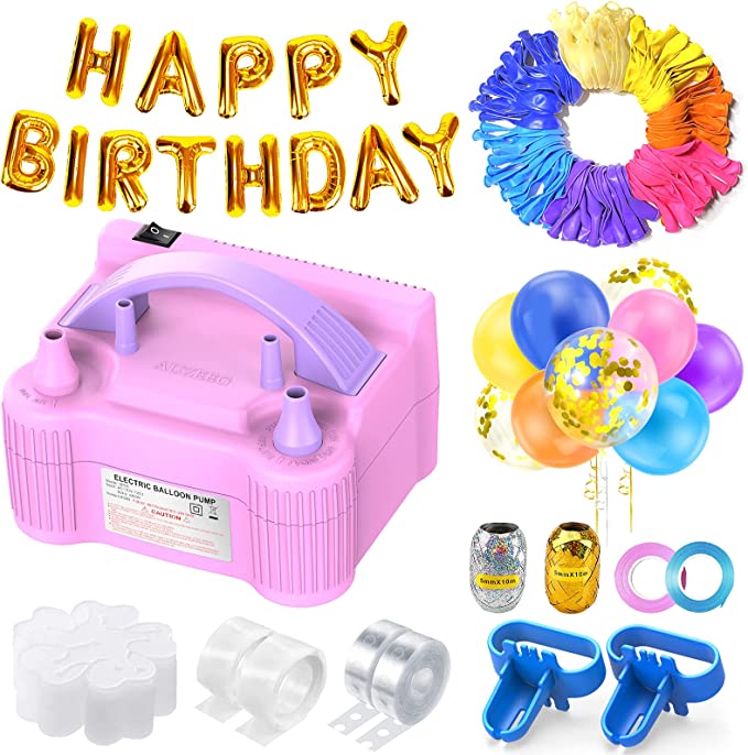 Photo 1 of Balloon Pump Set, AUZEEG Electric Balloon Pump, Air Pump for Different Color Balloons, HAPPY BIRTHDAY Balloons, Flower Clips, Colored Ribbon and Tying Tools for Party Wedding Festival, Tender Pink
