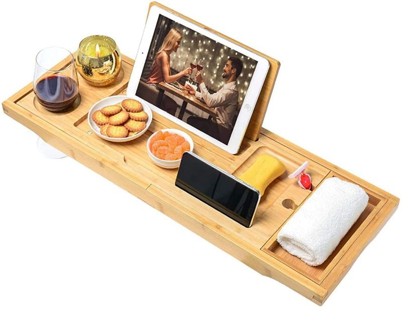 Photo 1 of Luxury Bamboo Bath Tub Tray with Extending Side, Book and Wine Holder for Tub Natural Color
