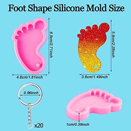 Photo 1 of 2 Pieces Foot Shape Silicone Mold 3D Baby Foot Fondant Mold Necklace Jewelry Epoxy Resin Mold Feet Keychain Silicone Molds with 12 Color Small Sequins for DIY Key Backpack Decoration, Pink
