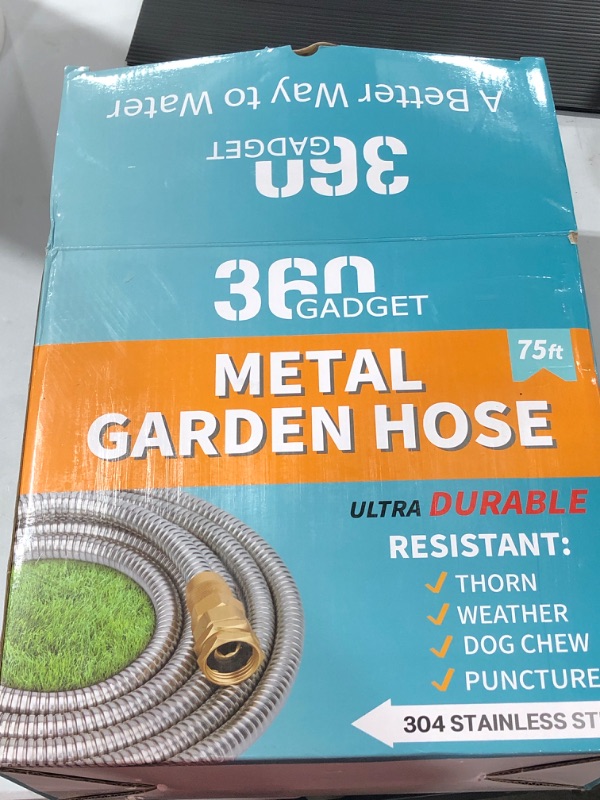 Photo 2 of 360Gadget Metal Garden Hose - 75ft Heavy Duty Stainless Steel Water Hose with 8 Function Sprayer & Metal Fittings, Flexible, Lightweight, No Kink, Puncture Proof Hose for Yard, Outdoors, Rv
