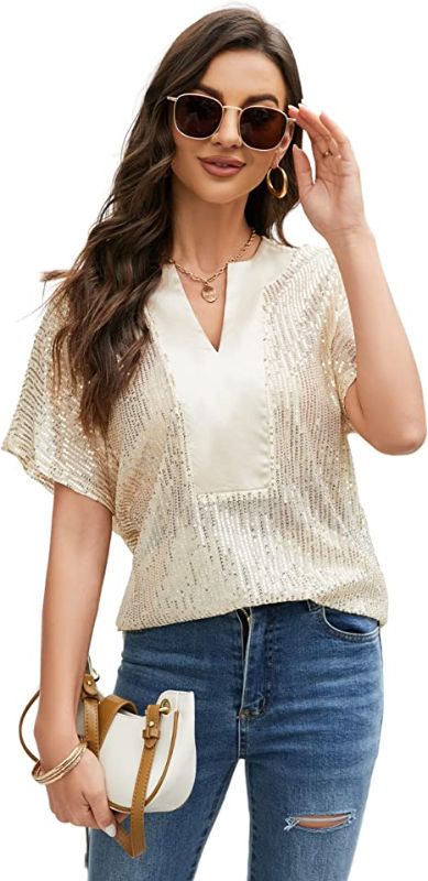 Photo 1 of AMEBELLE Women's Lounge V Neck Sequin T Shirts Short Sleeve Oversized Glitter Tunic Top Blouses
(Size XL) 