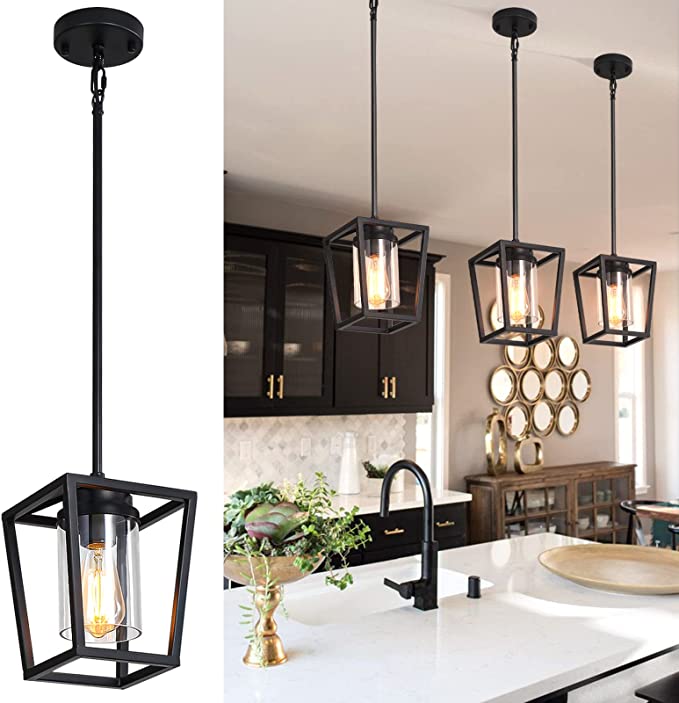 Photo 1 of 1 Pack SGLfarmty Pendant Lighting for Kitchen Island, Cage Hanging Light Fixtures, Black Pendant Lights with Durable Glass Shade for Dining Room & Kitchen,Black
