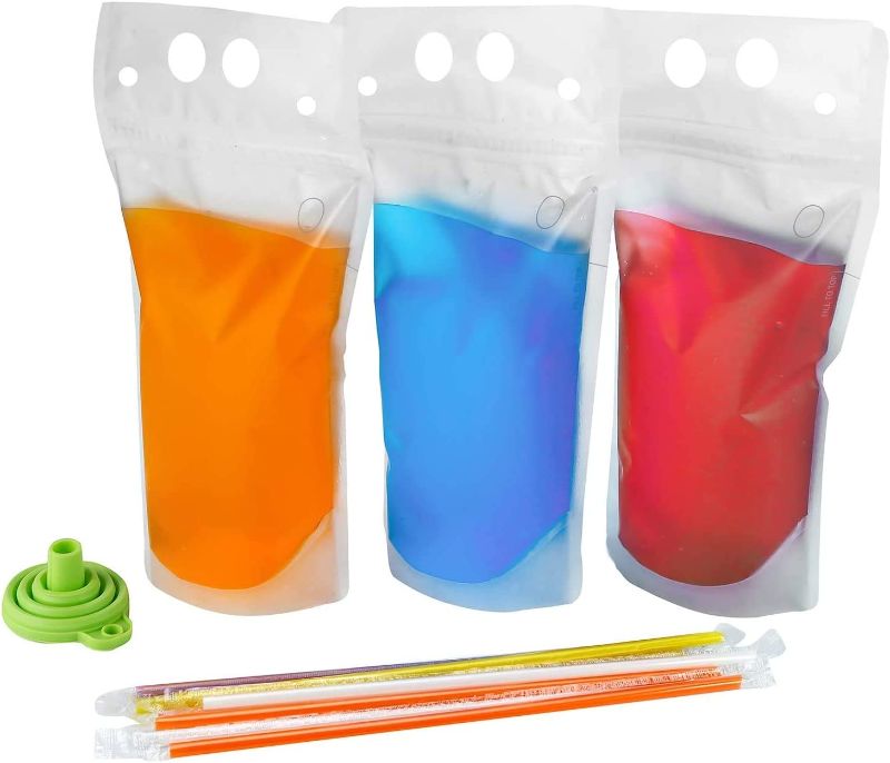 Photo 1 of 100PCS Drink Pouches with Straw Smoothie Bags Juice Pouches with 200 Drink Straws, Heavy Duty Hand-Held Translucent Reclosable Ice Drink Pouches Bag by C CRYSTAL LEMON