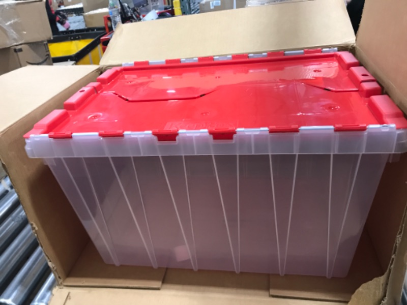 Photo 2 of Akro-Mils 66486 12-Gallon Plastic Stackable Storage Keepbox Tote Container with Attached Lid, 21-1/2-Inch x 15-Inch x 12-1/2-Inch, Clear/Red Clear/Red Keep box