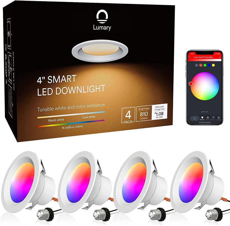 Photo 1 of Lumary 4 Inch WiFi Smart LED Can Lights Retrofit Recessed Lighting - 9W 810LM RGB Color Changing Downlight, Baffle Trim, Work with Alexa/Google Assistant/Siri, Bedroom, Kitchen, Living Room 4 Pcs
