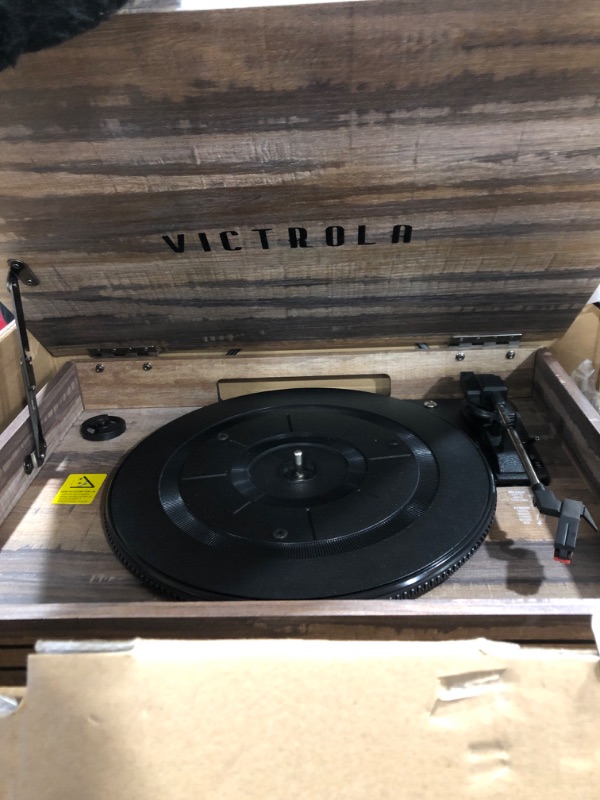 Photo 1 of Victrola Nostalgic 6-in-1 Bluetooth Record Player & Multimedia Center & Cassette Player, AM/FM Radio | Wireless Music Streaming | Farmhouse Shiplap Grey & Wooden Record Crate, Wood Color Farmhouse Shiplap Grey Entertainment Center + Record