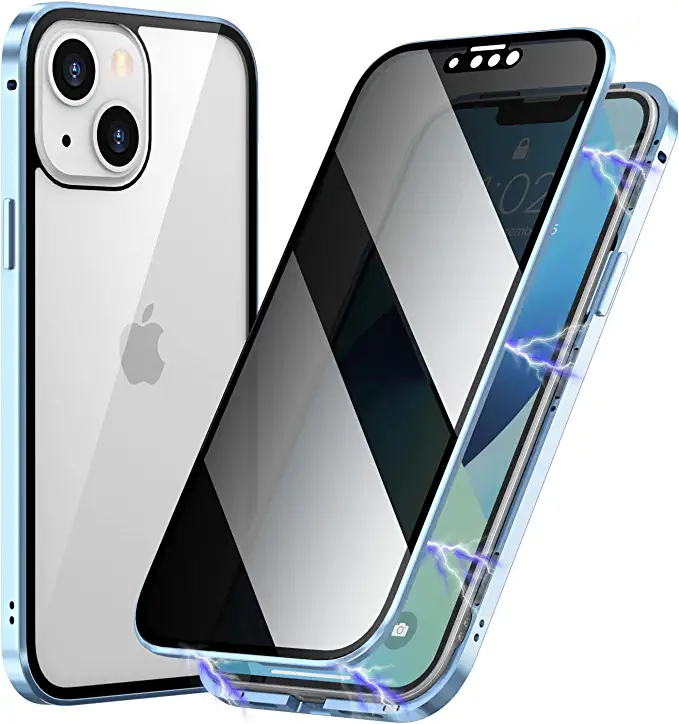 Photo 1 of Compatible with iPhone 13 Magnetic Case, Anti Peep for Privacy, Double Sided Design of Tempered Glass with Metal Bumper 360° Full Protective Phone Cover for iPhone 13-6.1'' (Sierra Blue)
