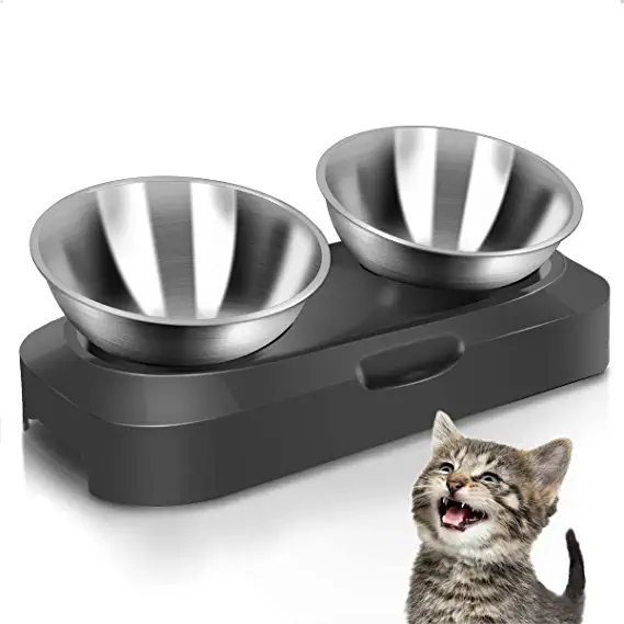 Photo 1 of AYADA Raised Cat Food Bowl Set, Stainless Steel Cat Dish for Food Water Anti Vomiting Elevated with Stand Ergonomic Lifted Slanted Tilted 15 Angle Metal Double Kitty Kitten Wet Food Bowl 2 Pet Bowl
