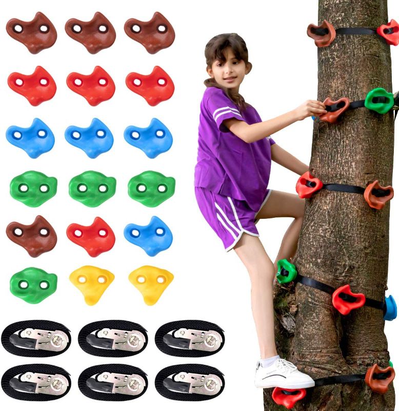 Photo 1 of 18 Ninja Tree Climbing Holds and 6 Sturdy Ratchet Straps for Kids Tree Climbing, Large Climbing Rocks for Outdoor Ninja Warrior Obstacle Course Training
