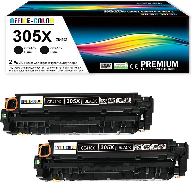 Photo 1 of 2 Pack Compatible HP 305A Black 305X Toner Cartridge Replacement for HP Pro 400 Color M451dn M451nw M451dw MFP M475dw M475dn Pro 300 M375nw Printer
