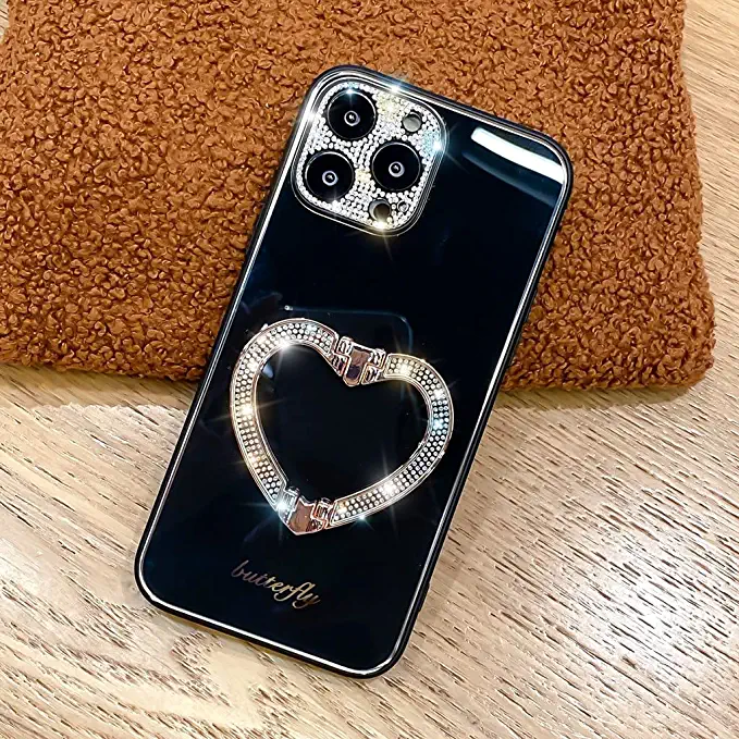 Photo 1 of BANAILOA Luxury iPhone 13 Pro Max Case Cute,Glitter Rhinestons Case with Heart Shape Folding Stand Holder Camera Protective Glossy Hard Cover Case Design for iPhone 13 Pro Max - 6.7 inch (Black)
