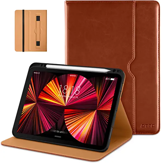 Photo 1 of DTTO Case for iPad Pro 11 Inch 2nd/3rd Generation 2021/2020/2018, Premium PU Leather Folio Stand Cover with Hand Strap, Also fit iPad Air 4 / 5- Auto Wake/Sleep and Multiple Viewing Angles, Brown. MISSING BOX. SLIGHTLY BENT.
