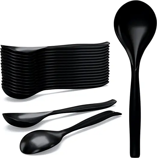 Photo 1 of 12 Pack Large Black Mixing Heavy Duty Disposable Plastic Serving Spoons Utensils Set - 10" Big Heavy Weight Reusable Cooking Plasticware for Party Buffet Catering Hard Silverware for Salads Sauses
