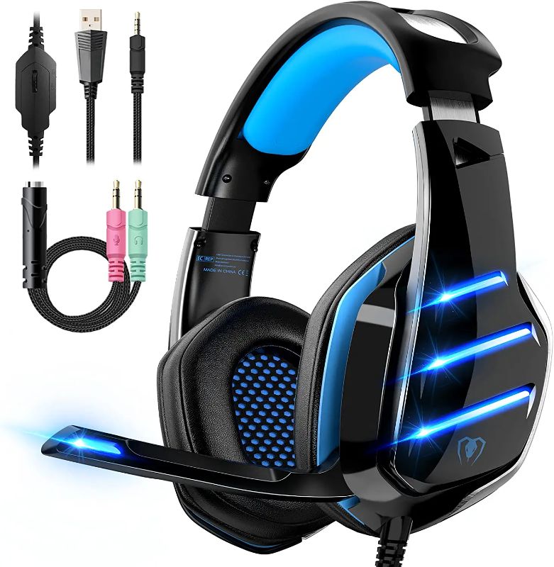 Photo 1 of New Fi GM-3 Gaming Headset: 7.1 Surround Sound - Lightweight Aluminum Frame - Noise Canceling Mic, Works with PS4 PS5 Xbox One PC Switch Laptop – Blue
