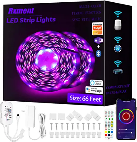 Photo 1 of 66ft Alexa LED Strip Lights ("600LEDs") High Density, 24V Super Bright WiFi Smart LED Lights for Bedroom with Remote, RGB 5050 Color Changing Music Sync Strip Lighting,Flexible, Cuttable, Dimmable
