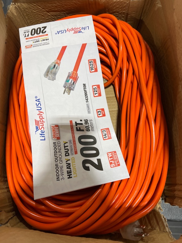 Photo 2 of 200 Ft Extension Cord 14/ 3 SJTW with Lighted End - Orange - Indoor / Outdoor Heavy Duty Extra Durability 13AMP 125V 1625W ETL Listed by LifeSupplyUSA
