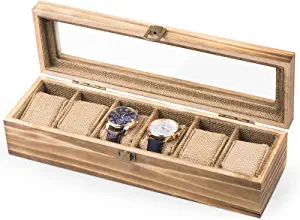 Photo 1 of Alsonerbay Watch Box Organizer for Man Women, 6 Slot Watch Case for Watches Display and Storage, Lockable Wooden Watch Holder with Glass Lid and Removable Pillow (Carbonized Black)
