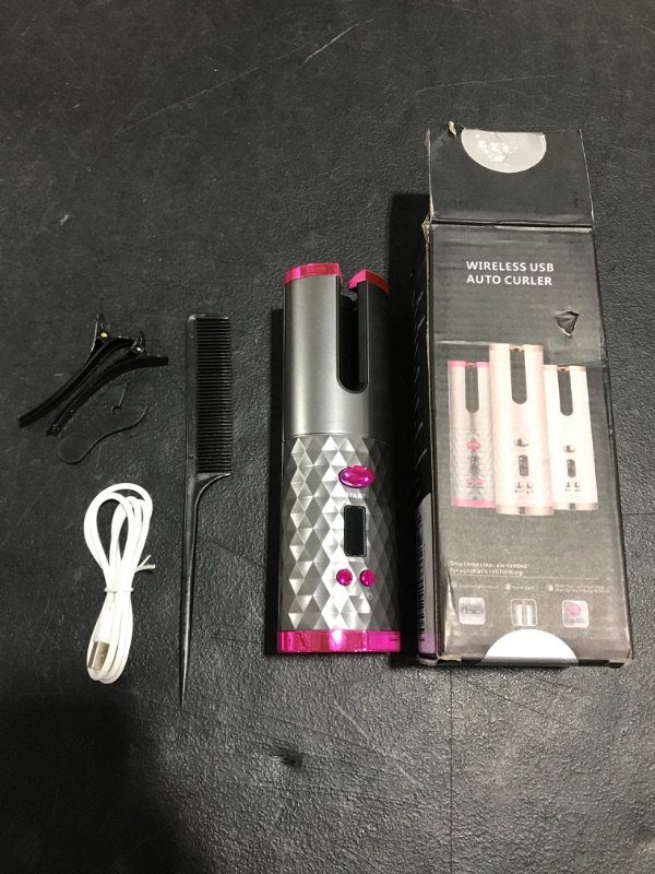 Photo 1 of Automatic Curling Iron, Cordless Auto Hair Curler, Ceramic Rotating Hair Curler with 6 Temps & Timers, Portable Rechargeable Curling Wand, Auto Shut-Off, Fast Heating Iron for Styling. OPEN BOX. PRIOR USE. 
