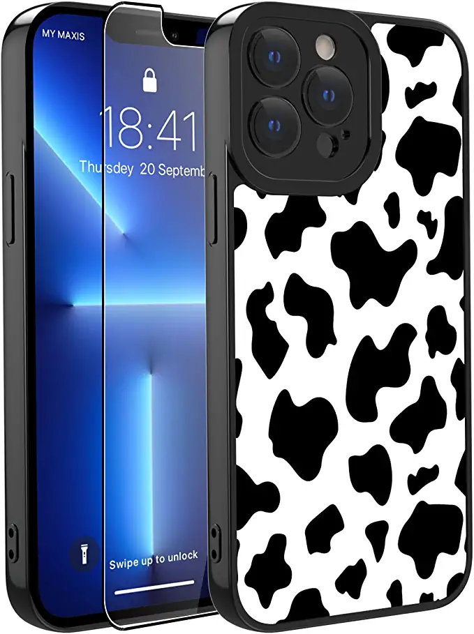 Photo 1 of OOK Compatible with iPhone 13 Pro Max Case Cute Cow Print Fashion Slim Lightweight Camera Protective Soft Flexible TPU Rubber for iPhone 13 Pro Max with [Screen Protector]-Black
