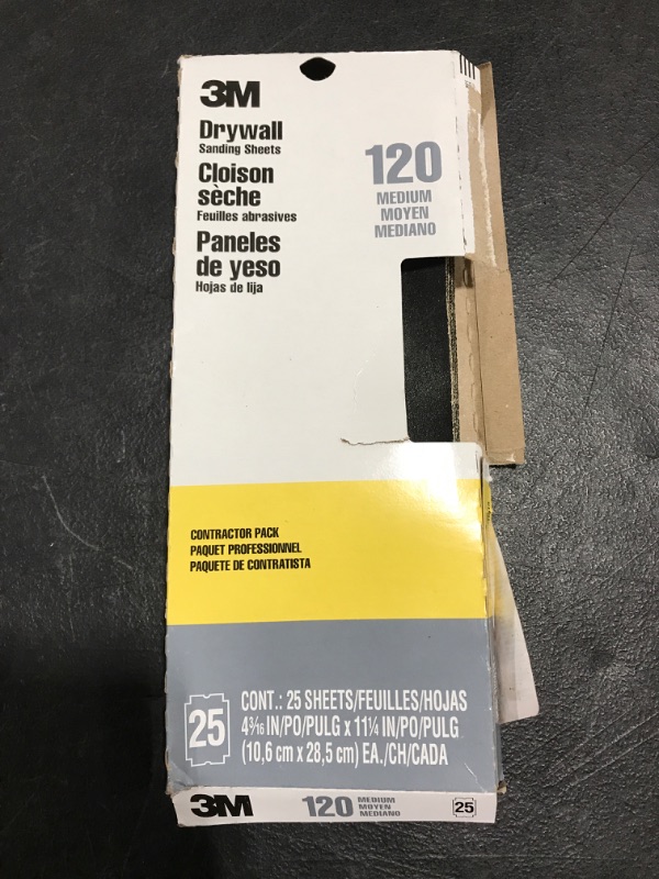 Photo 3 of 3M Pro-Pak 4-3/16 in. x 11-1/4 in. 120 Grit Fine Drywall Sanding Sheet (25-Pack). BOX DAMAGE.
