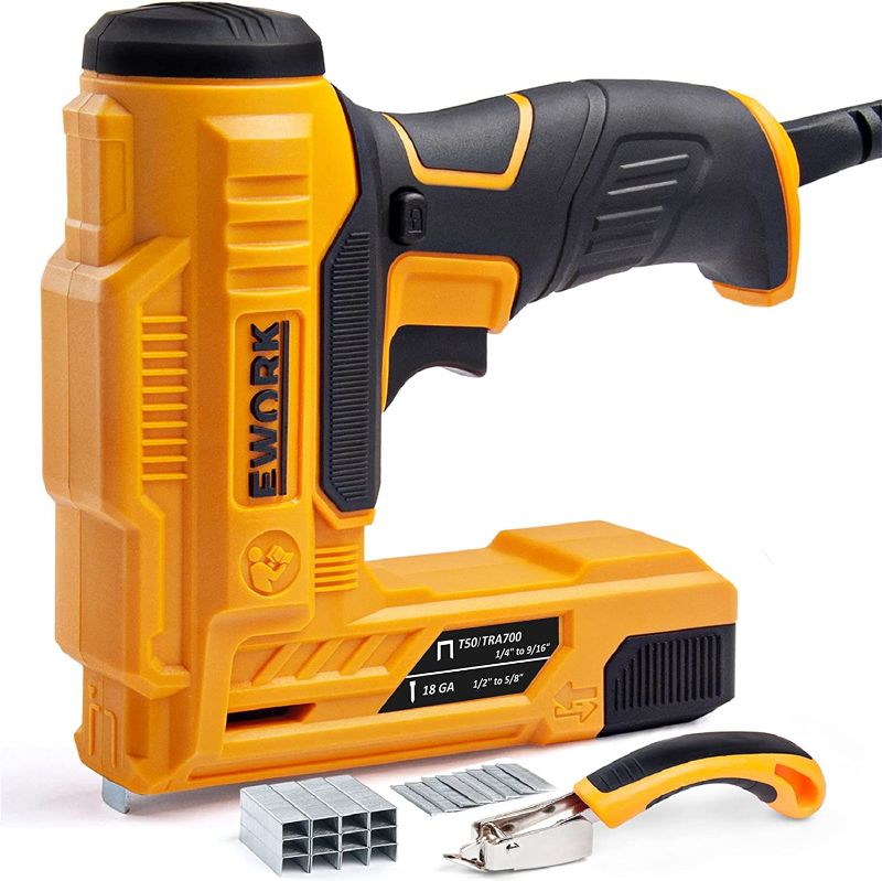 Photo 1 of EWORK Electric Staple Gun/Nail Gun Kit for DIY Project and Upholstery, 120V Corded Electric Stapler with Triple Safety Protection, Staple Remover, 400 Pcs 5/8'' Brad Nails and 600 Pcs 3/8'' Staples.
