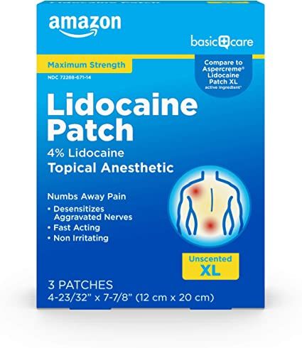 Photo 1 of Amazon Basic Care Lidocaine Patch, 4% Topical Anesthetic, 12 cm x 20 cm, Maximum Strength Pain Relief Patch, Fragrance Free, 3 Count- exp 11/2022