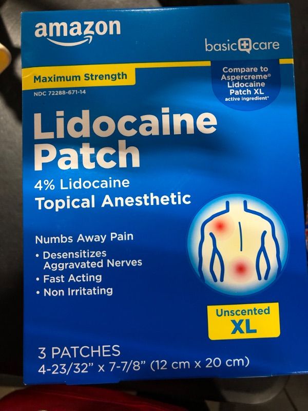 Photo 2 of Amazon Basic Care Lidocaine Patch, 4% Topical Anesthetic, 12 cm x 20 cm, Maximum Strength Pain Relief Patch, Fragrance Free, 3 Count- exp 11/2022