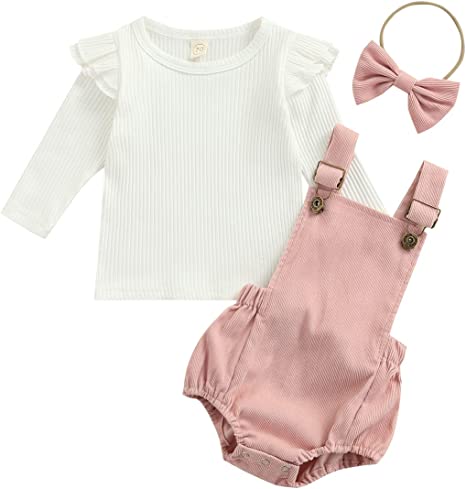 Photo 1 of 6-12 months Baby Girl Clothes Ribbed Ruffle Tops Corduroy Suspender Romper Shorts Headband 3Pc