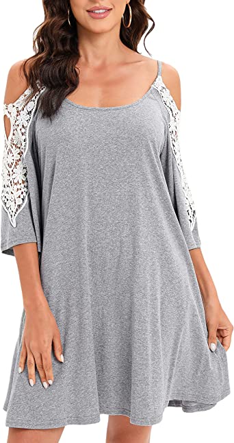 Photo 1 of Aofur Summer Cotton Lace Dress Ladies Cold Sleeve Casual Plus Size T Shirt Dress with Pockets (3XL)
