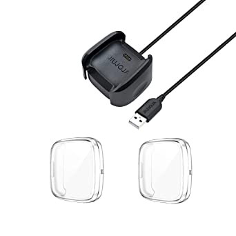 Photo 1 of Replacement Charger Dock Compatible with Fitbit Versa 2 Charger, Charging Cradle Stand Cable and 2Pcs Full Cover Case Screen Protector, Soft Plated TPU Case for Versa 2 Smart Watch