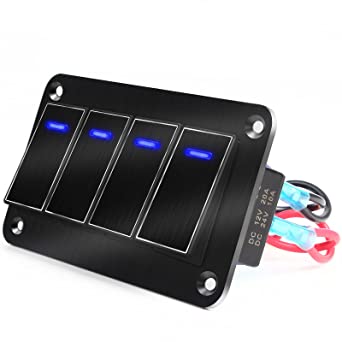 Photo 1 of Rocker Switch Panel – 4 Gang Aluminum Toggle Switch Panel, 12V/24V Switch Panel, 3 Pin On-Off Car Switches, Blue LED Switch Panel for Automotive Car Truck Motorcycle Jeeps RV UTV