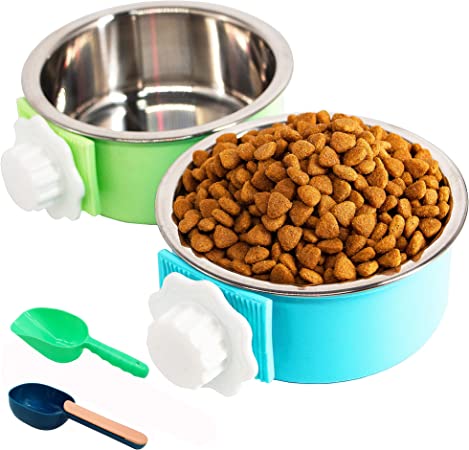 Photo 1 of 2 Pack Crate Dog Bowl, Removable Stainless Steel Kennel Water Bowl Hanging Pet Cage Bowl Food & Water Feeder Coop Cup with Food Spoon?Random Spoon? for Puppy Medium Dogs Birds Ferret Cat