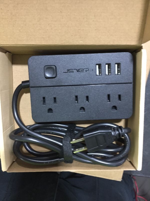 Photo 2 of JSVER Surge Protector Power Strip Flat Plug with 3 Widely-Spaced Outlets and 3 USB Ports