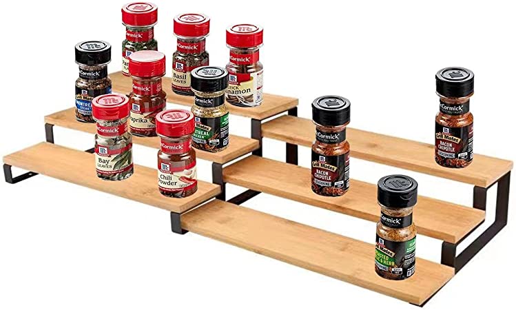 Photo 1 of 3 Tier Expandable Spice Rack Organizer for Cabinet, Set of 1 , Counter Shelf, Storage Shelves, Kitchen Organizers, Countertop Stand, Bamboo and Metal, Black and Natural Color UTLJ003B