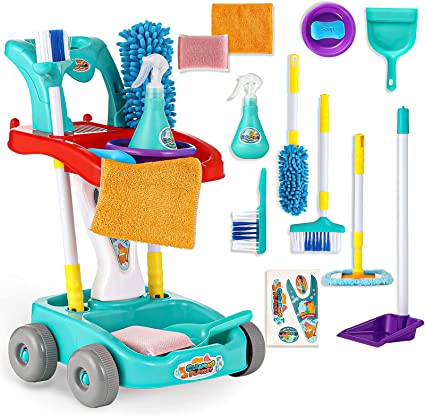 Photo 1 of KLT Kids Cleaning Set, Pretend Play Detachable Housekeeping Cart, Cleaner Toddler Toys, Cleaning Supplies Toy for Kids Toddler Boy and Girl with Kids Broom Mop Dustpan Set Cleaning Tools 11 Pcs