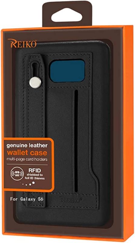 Photo 1 of Reiko Genuine Leather Slim-Fit Case with Hand Strap/RFID Shielded Card Slots Wallet Case for Samsung Galaxy S6 - Black