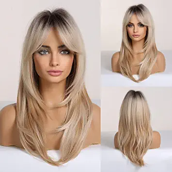Photo 1 of  Long Blonde Wigs for Women, Layered Synthetic Hair Wig with Dark Roots for Daily Party