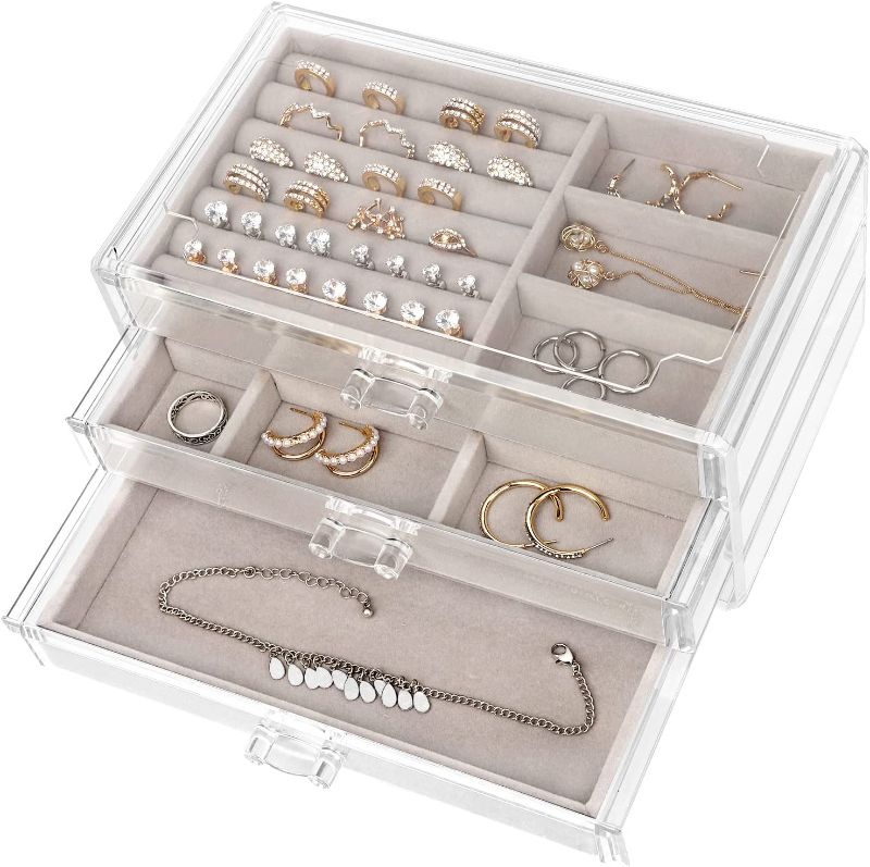 Photo 2 of Acrylic Jewelry Box 3 Drawers, Velvet Jewelry Organizer for Women, Rings Earrings Organizer, Gray Display Case Storage for Necklaces and Bracelets Gift for Girls
