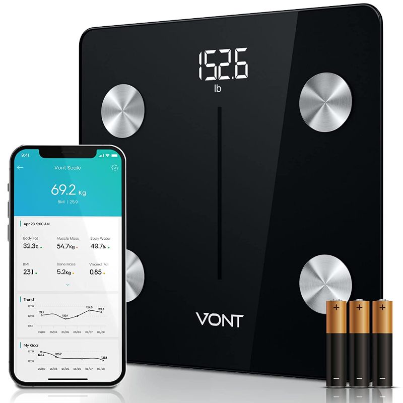 Photo 1 of Vont Smart Scale, Wireless Body Fat Scale, Weight Scale, BMI Digital Bathroom Scale, Precise Bluetooth Scale for Weight Loss & Body Weight, 13 Measurements, LCD Backlight Display, 400 lbs (Black)