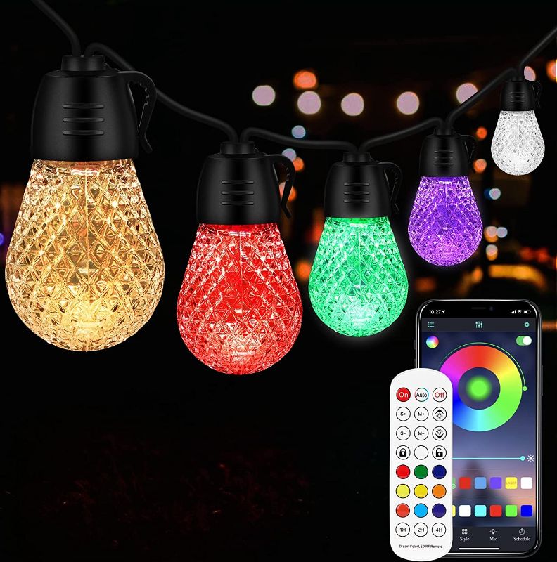 Photo 1 of Outdoor String Lights 49FT,RGBW Patio Lights, Smart LED Bulbs App and Remote Control, IP66 Waterproof Color Changing String Lights, Music Sync, Dimmable for Garden, Backyard, Party (
