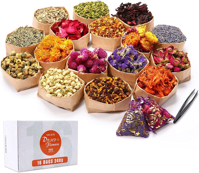 Photo 1 of 15g/Bag Dried Flowers,100% Natural Dried Flowers Herbs Kit for Soap Making, DIY Candle Making,Bath - Include Rose Petals,Lavender,Don't Forget Me,Lilium,Jasmine,Rosebudsand More(16 Bags)
