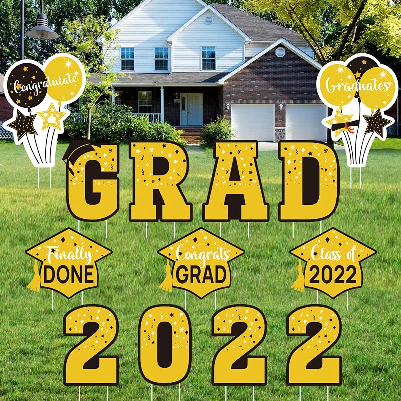 Photo 1 of 13 Pcs Gold Graduation Yard Sign Decorations-Congrats Grad 2022 Graduation Yard Signs with Graduation Cap Star Balloon Diploma and Stakes Outdoor Lawn Party Supplies for Graduation Decorations
