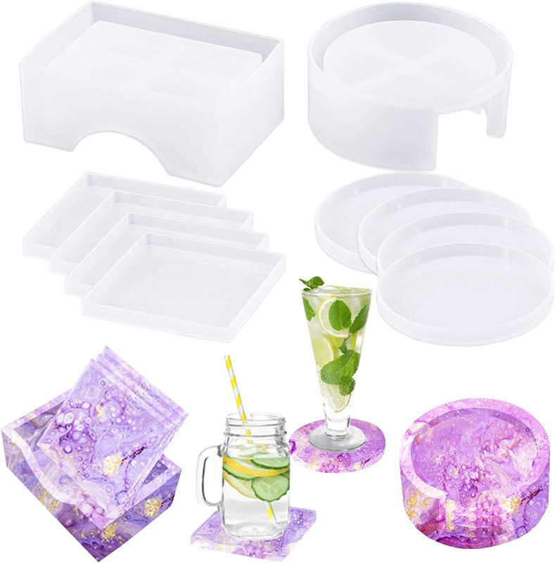 Photo 1 of 11Pcs Coaster Storage Box Silicone Mold, Round Square Epoxy Resin Coaster Molds Kit with Storage Box Mould, DIY Resin Handicrafts for Making Cups Mats Home Decoration
