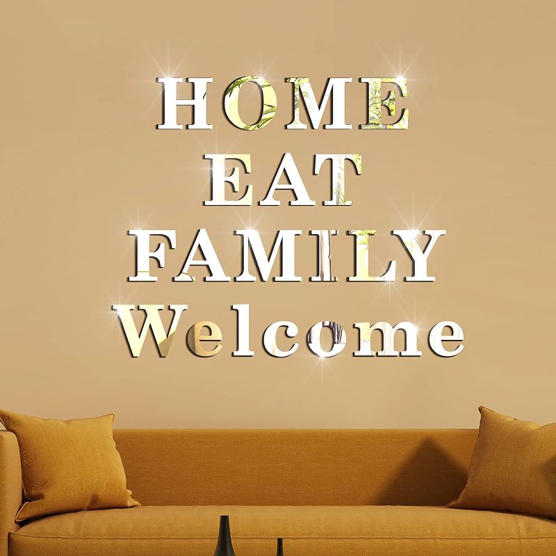 Photo 1 of 3D Acrylic Mirror Wall Decor Stickers, DIY Eat, Family, Home, Welcome Letter Composed Art Adhesive Home Decorations for Living Room, Bedroom, Bathroom, Kitchen (Silver)
