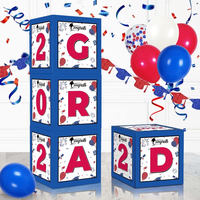 Photo 1 of 2022 Graduation Party Decorations, 4pcs Red White Blue Graduation Balloon Boxes with 2Pcs "GRAD" and "2022" Red Letter for 2022 Red White Blue Graduation Party Decorations Supplies
