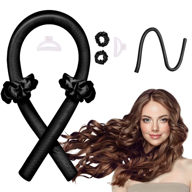 Photo 1 of    Hair Curlers to Sleep in, No Heat Curlers for Long Hair, Curling Rod Headband with 2 Hair Ties and 1 Hair Clip, Soft Silk Hair Styling Tools Kit (Black)
                               