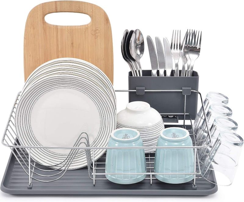 Photo 1 of  Dish Rack, Large Capacity Dish Drainer, Dish Drying Rack with Cutlery Holder, Removable Drip Tray, Cup Holder, Compact Kitchen Drainers for Countertop, Grey