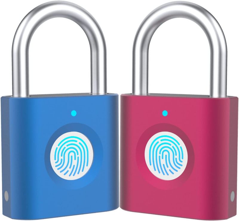 Photo 1 of ```Fingerprint Padlock, Mini Combination Lock, Smart Padlock with Keyless Biometric Lock, Fingerprint Lock with USB Charging, Suitable for Gym, School, Suitcase, Luggage, Storage-2Packs(Red+Blue)
