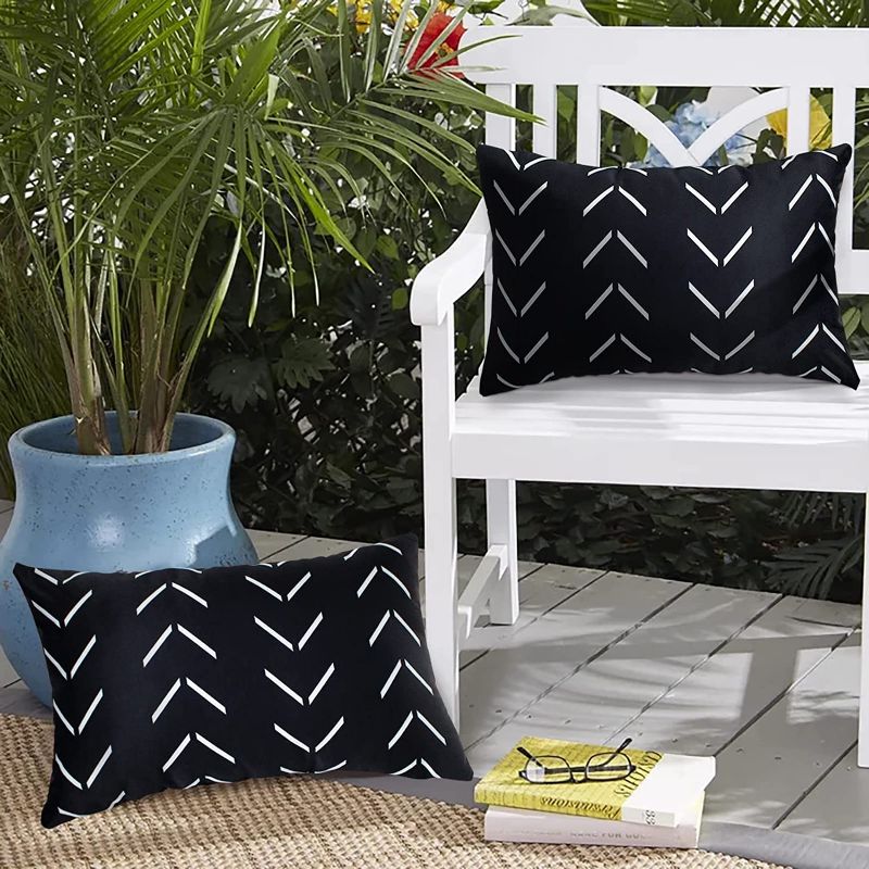 Photo 1 of Adabana Pack of 2 Outdoor Waterproof Throw Pillow Covers Decorative Boho Pillow Cover for Patio Garden 12x20 Inches Black